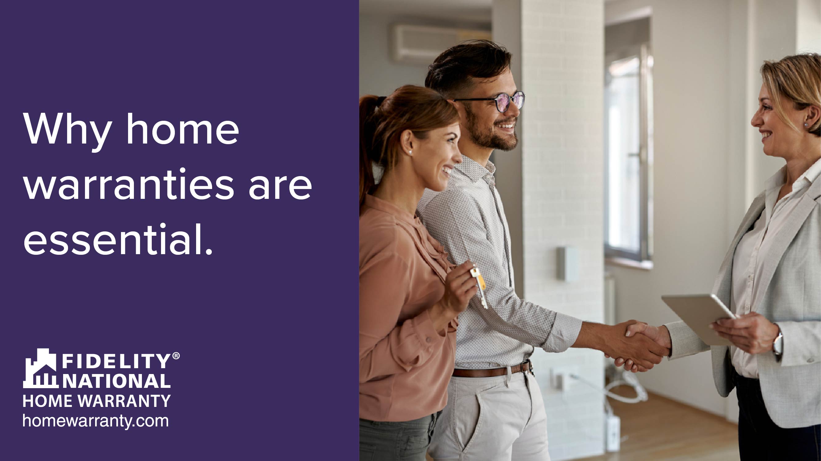 Why home warranties are essential - Image of a couple smiling and shaking hands with a real-estate agent